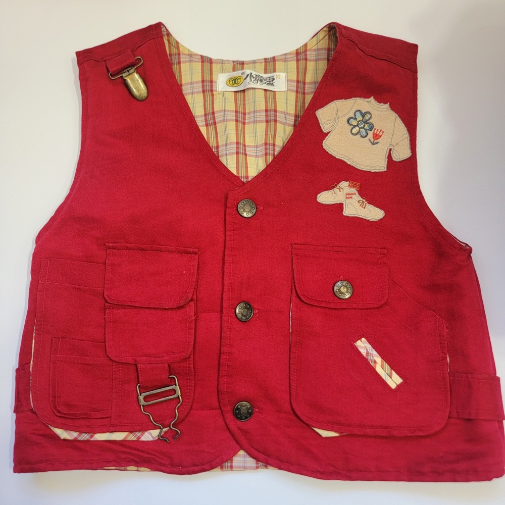 Kids Vintage Red Utility Vest Size 10 Red Plaid Lined Cargo Pockets Whimsical